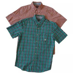 Chaps Button Up Shirt Men's Size S Lot of 2 Green Orange Plaid Short Sleeve